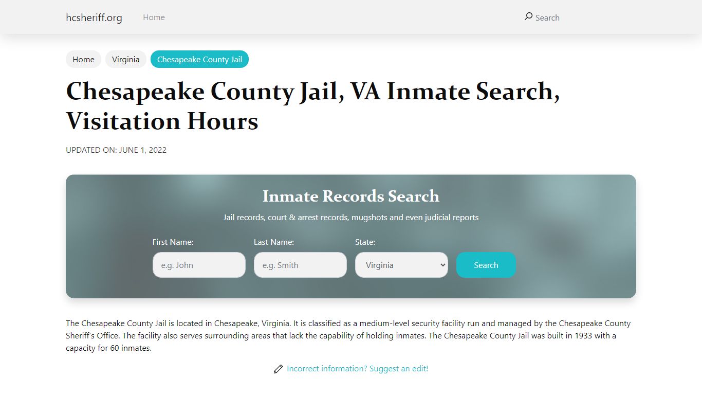 Chesapeake County Jail , VA Inmate Search, Visitation Hours